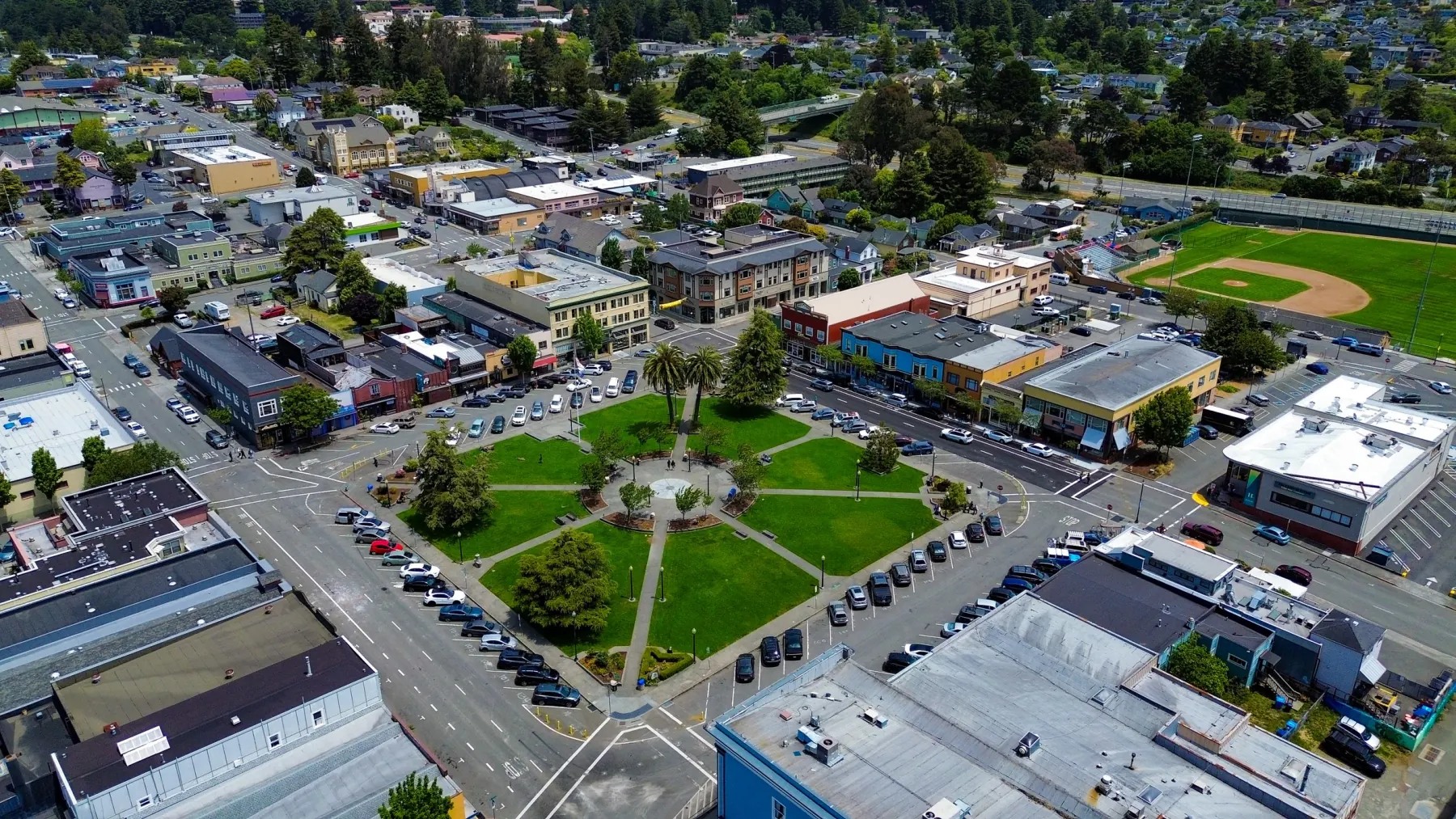 Aerial view of the Arcata Plaza, home of the Ultimate Yogurt Arcata shop